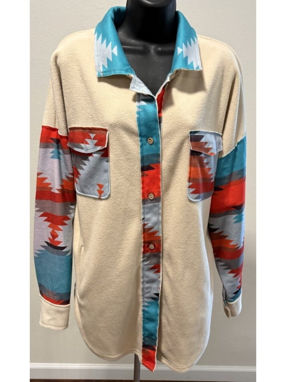 Womens Size 3X Measured Aztec Shacket Long Sleeve Collared Button Down